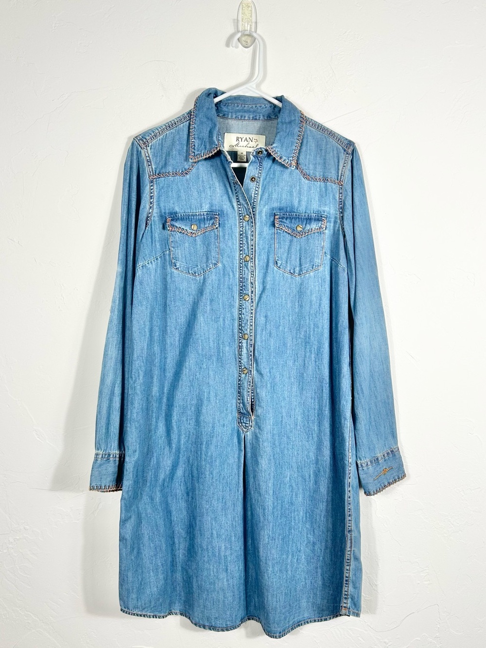 Ryan Michael Cotton Silk Denim Western Shirt Dress Blue Women’s Medium